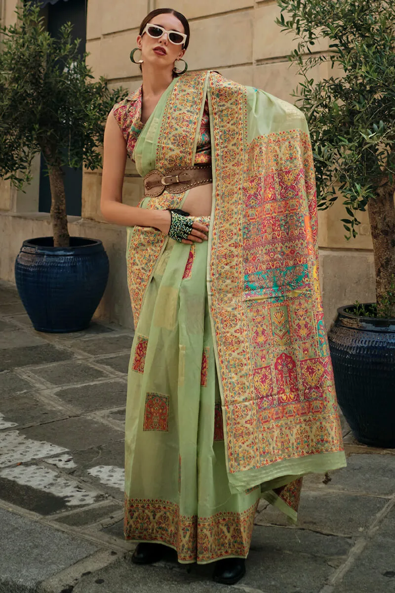 Thistle Green Kashmiri Weaving Pashmina Silk Saree