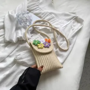 UAKISS  -  New Straw Woven Bag Mobile Phone Bag Female Summer Net Red Wool Flower Mini Mobile Phone Bag and One Should
