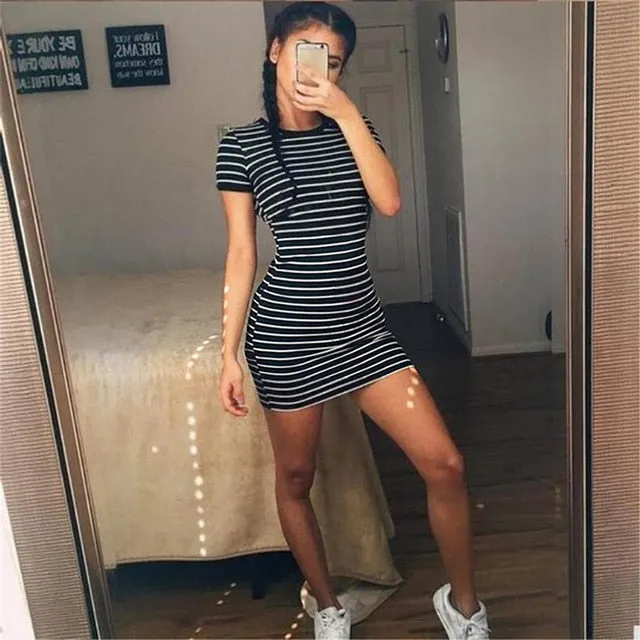 VenusFox Black And White Striped Casual Dress