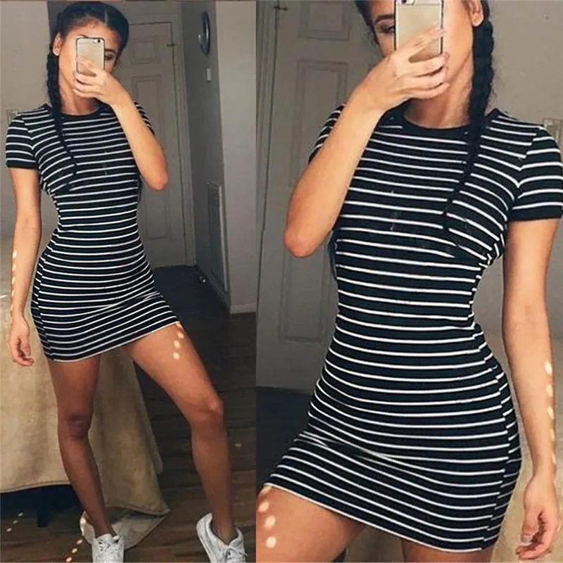 VenusFox Black And White Striped Casual Dress