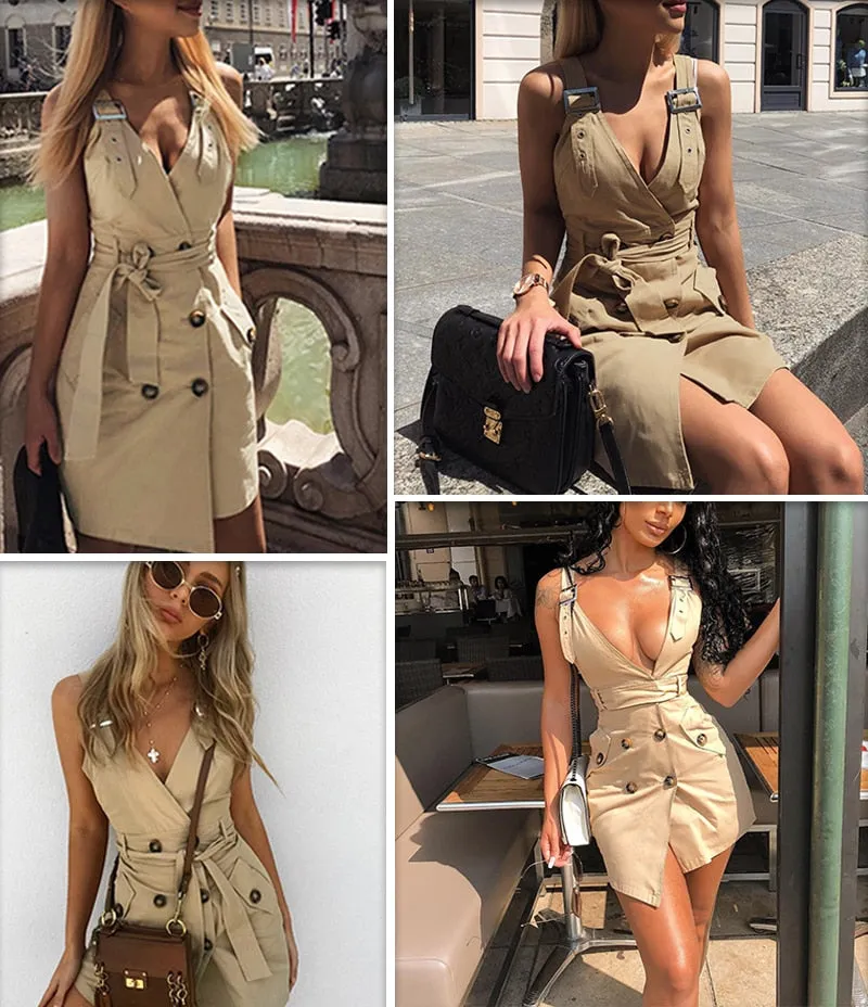 VenusFox Elegant casual backless Sexy button belt summer dress