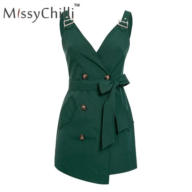 VenusFox Elegant casual backless Sexy button belt summer dress
