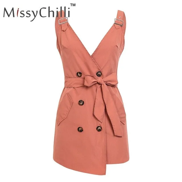VenusFox Elegant casual backless Sexy button belt summer dress