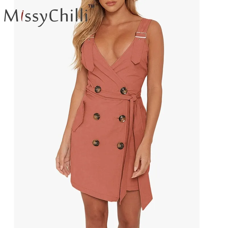 VenusFox Elegant casual backless Sexy button belt summer dress