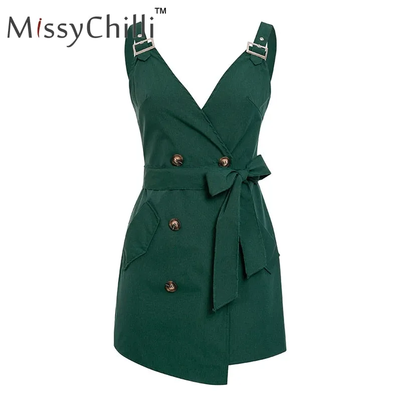 VenusFox Elegant casual backless Sexy button belt summer dress