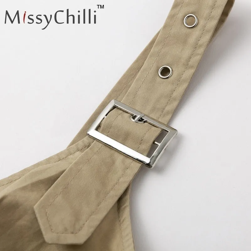 VenusFox Elegant casual backless Sexy button belt summer dress