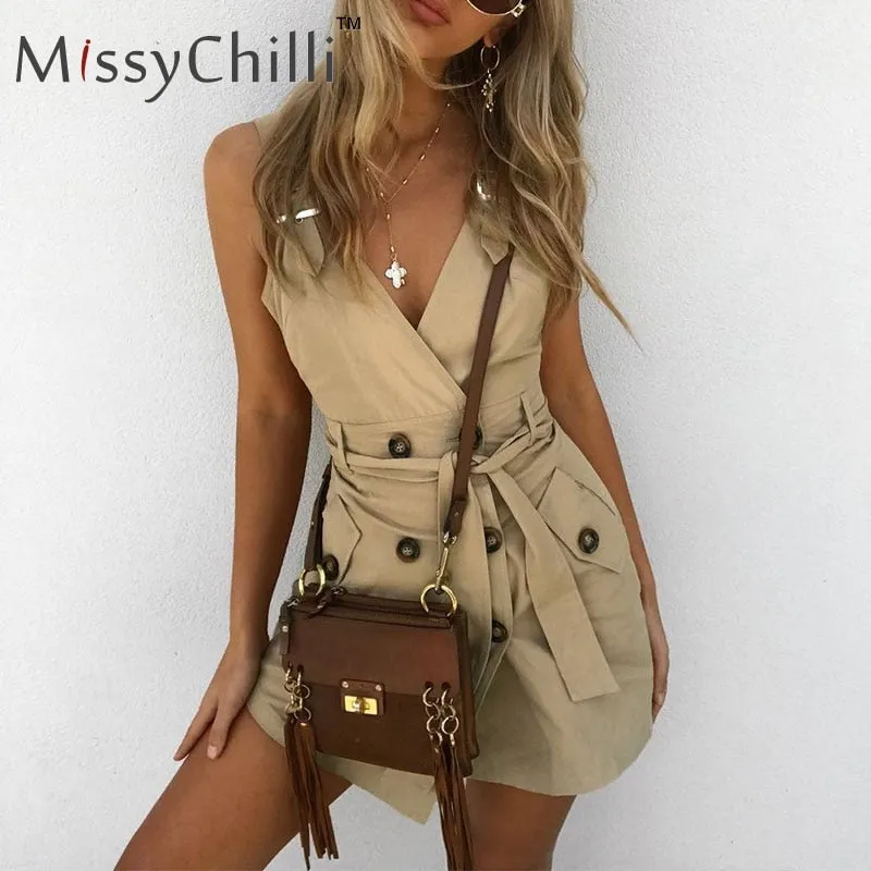 VenusFox Elegant casual backless Sexy button belt summer dress