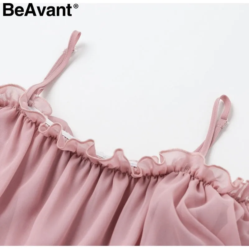 VenusFox Off shoulder ruffle pleated pink Elegant dress