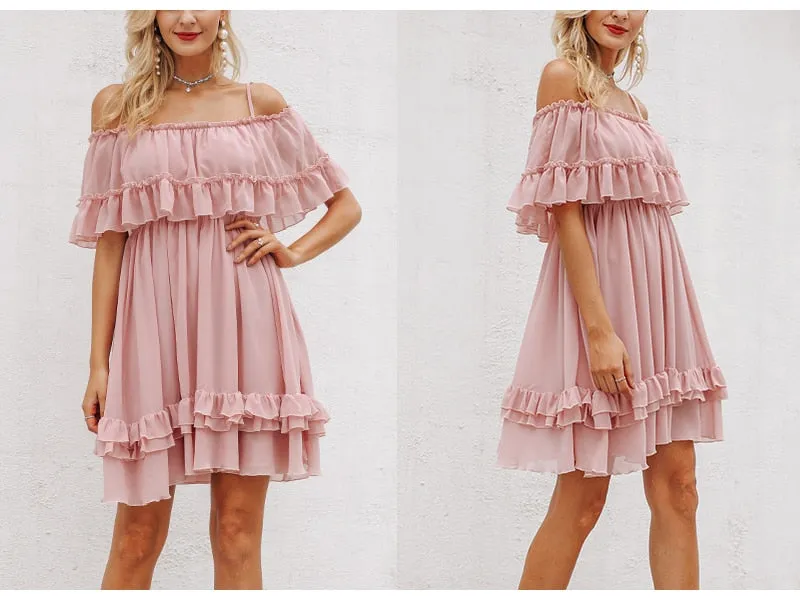 VenusFox Off shoulder ruffle pleated pink Elegant dress