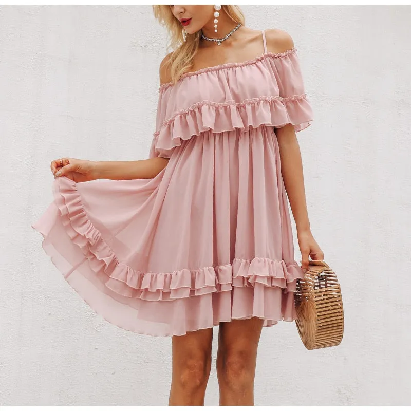 VenusFox Off shoulder ruffle pleated pink Elegant dress