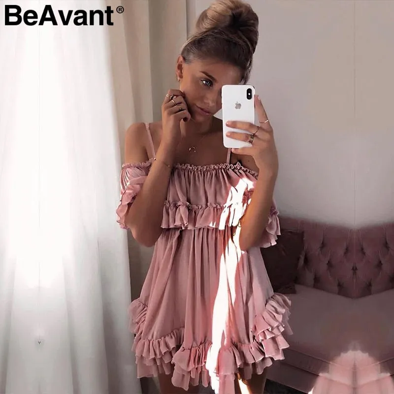 VenusFox Off shoulder ruffle pleated pink Elegant dress