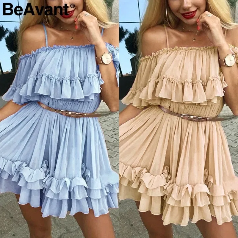 VenusFox Off shoulder ruffle pleated pink Elegant dress