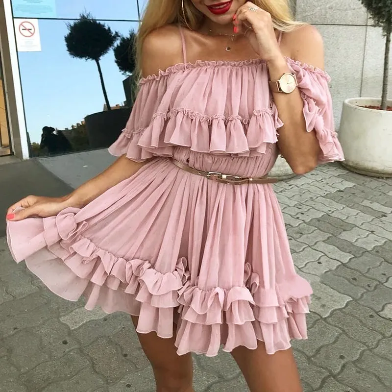 VenusFox Off shoulder ruffle pleated pink Elegant dress
