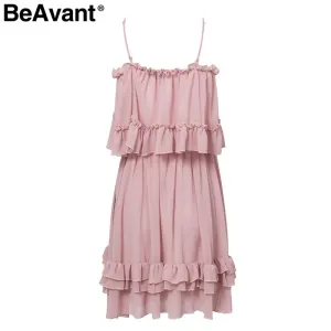 VenusFox Off shoulder ruffle pleated pink Elegant dress