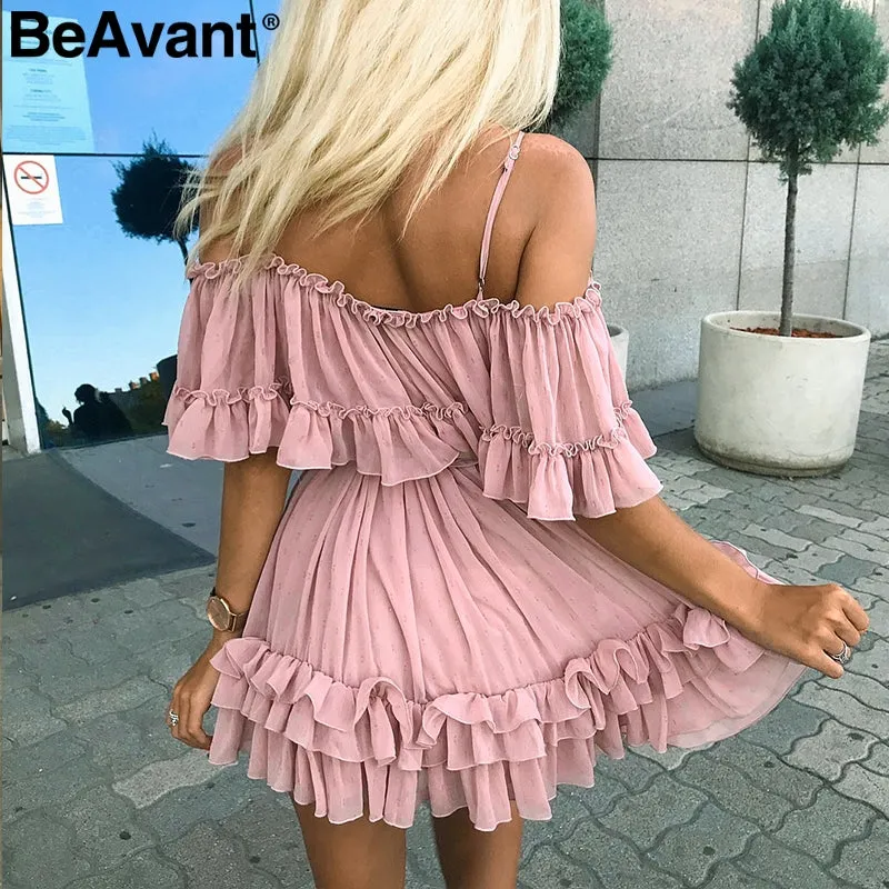 VenusFox Off shoulder ruffle pleated pink Elegant dress