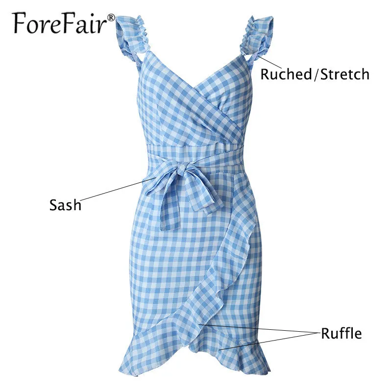 VenusFox Plaid vintage ruffle backless wrap Sexy Dresses