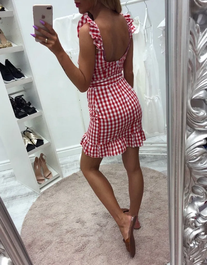 VenusFox Plaid vintage ruffle backless wrap Sexy Dresses