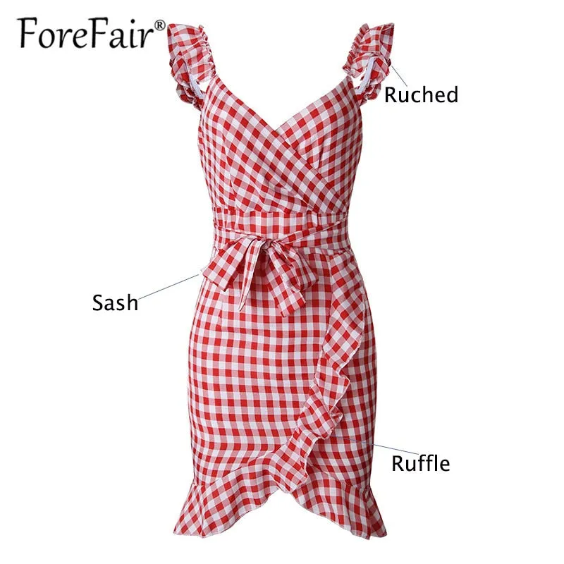VenusFox Plaid vintage ruffle backless wrap Sexy Dresses