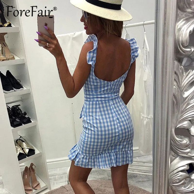 VenusFox Plaid vintage ruffle backless wrap Sexy Dresses