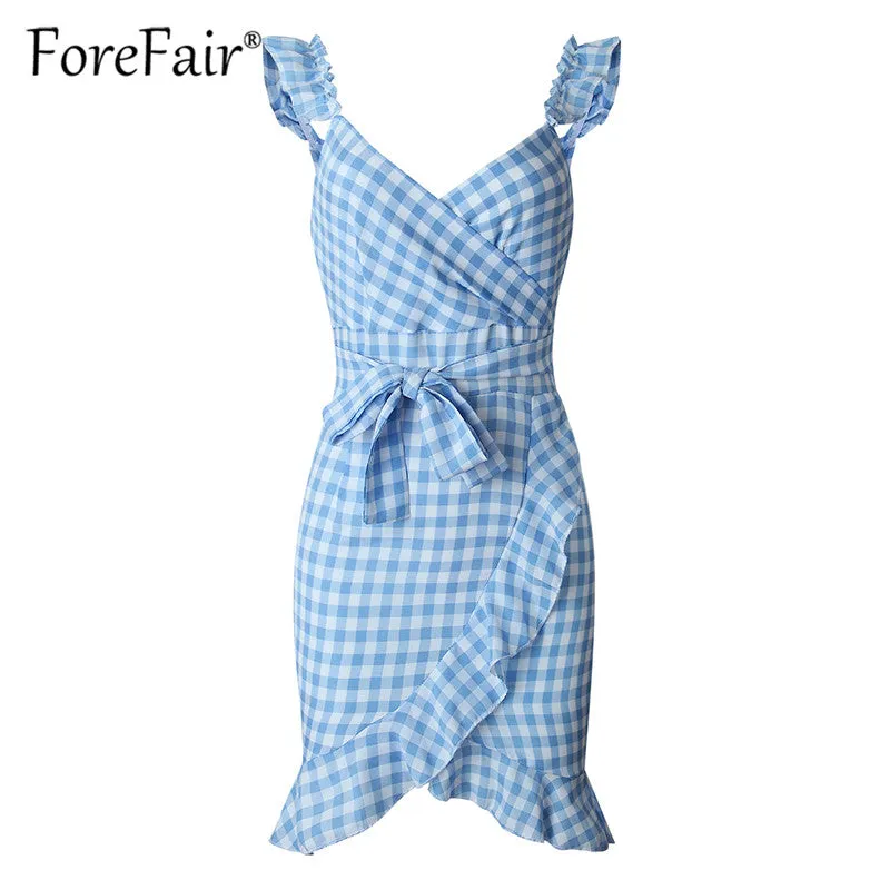 VenusFox Plaid vintage ruffle backless wrap Sexy Dresses