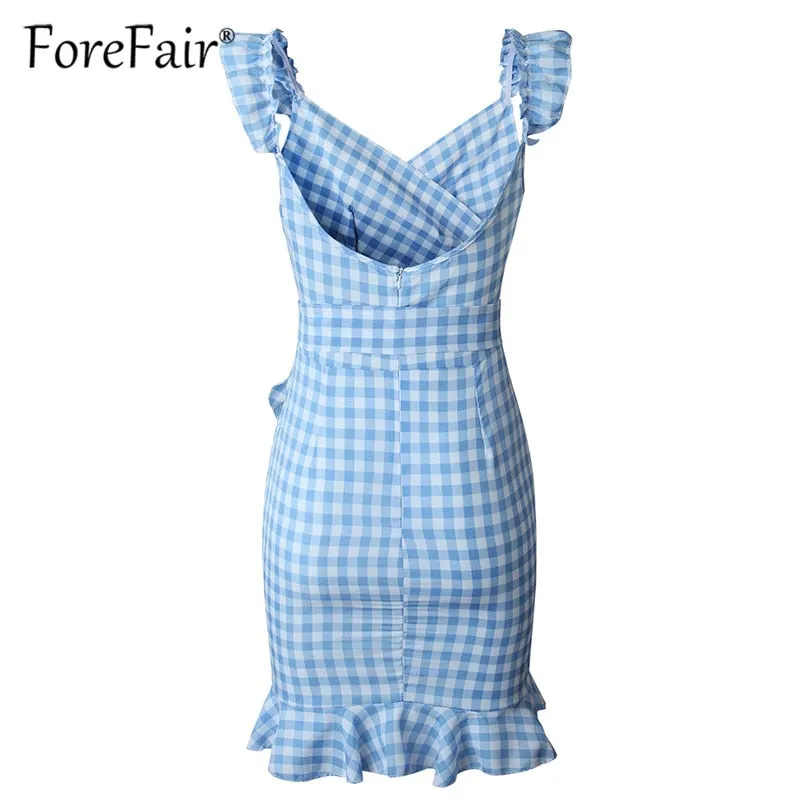 VenusFox Plaid vintage ruffle backless wrap Sexy Dresses