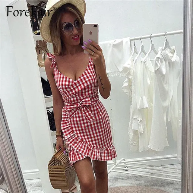 VenusFox Plaid vintage ruffle backless wrap Sexy Dresses