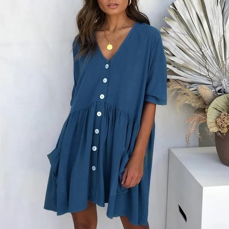 VenusFox Sexy V-neck Buttons Elegant Casual Loose Dresses