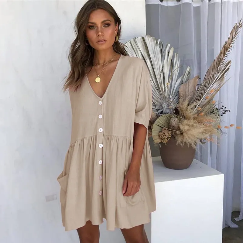 VenusFox Sexy V-neck Buttons Elegant Casual Loose Dresses