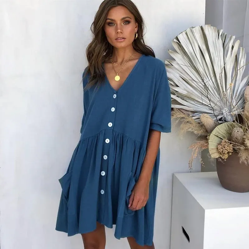 VenusFox Sexy V-neck Buttons Elegant Casual Loose Dresses