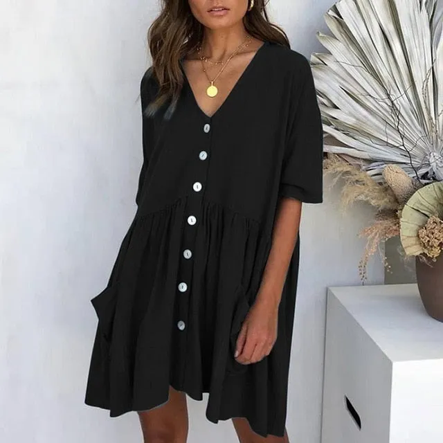 VenusFox Sexy V-neck Buttons Elegant Casual Loose Dresses