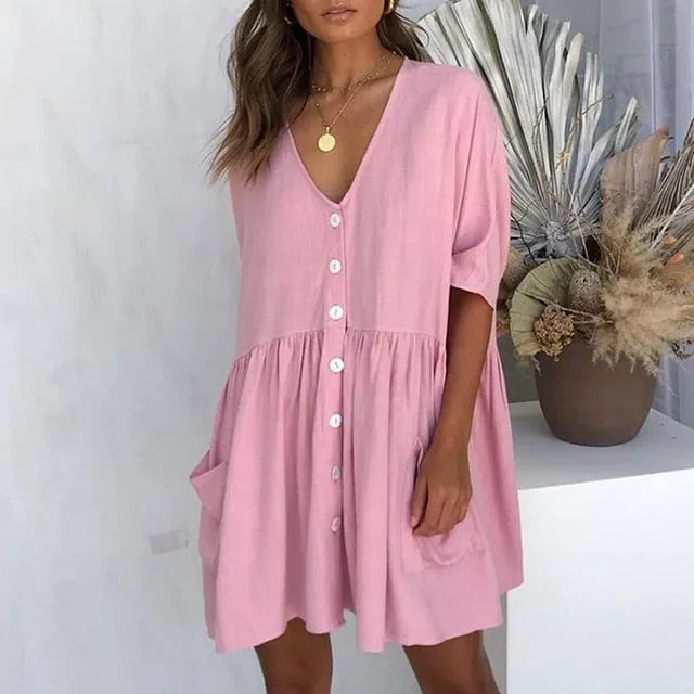 VenusFox Sexy V-neck Buttons Elegant Casual Loose Dresses