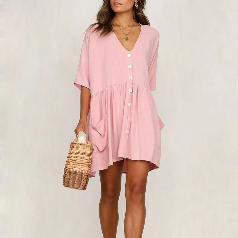 VenusFox Sexy V-neck Buttons Elegant Casual Loose Dresses