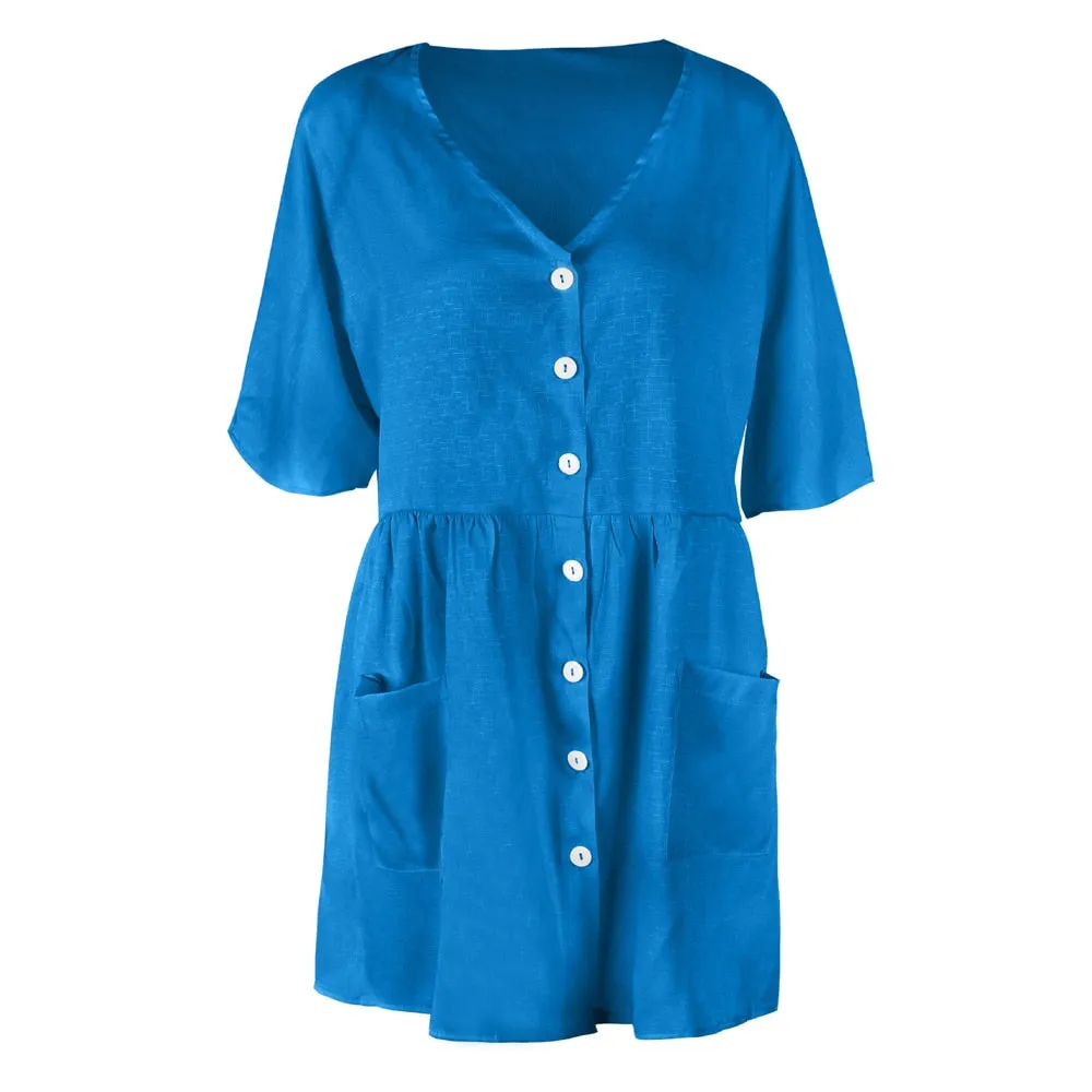 VenusFox Sexy V-neck Buttons Elegant Casual Loose Dresses