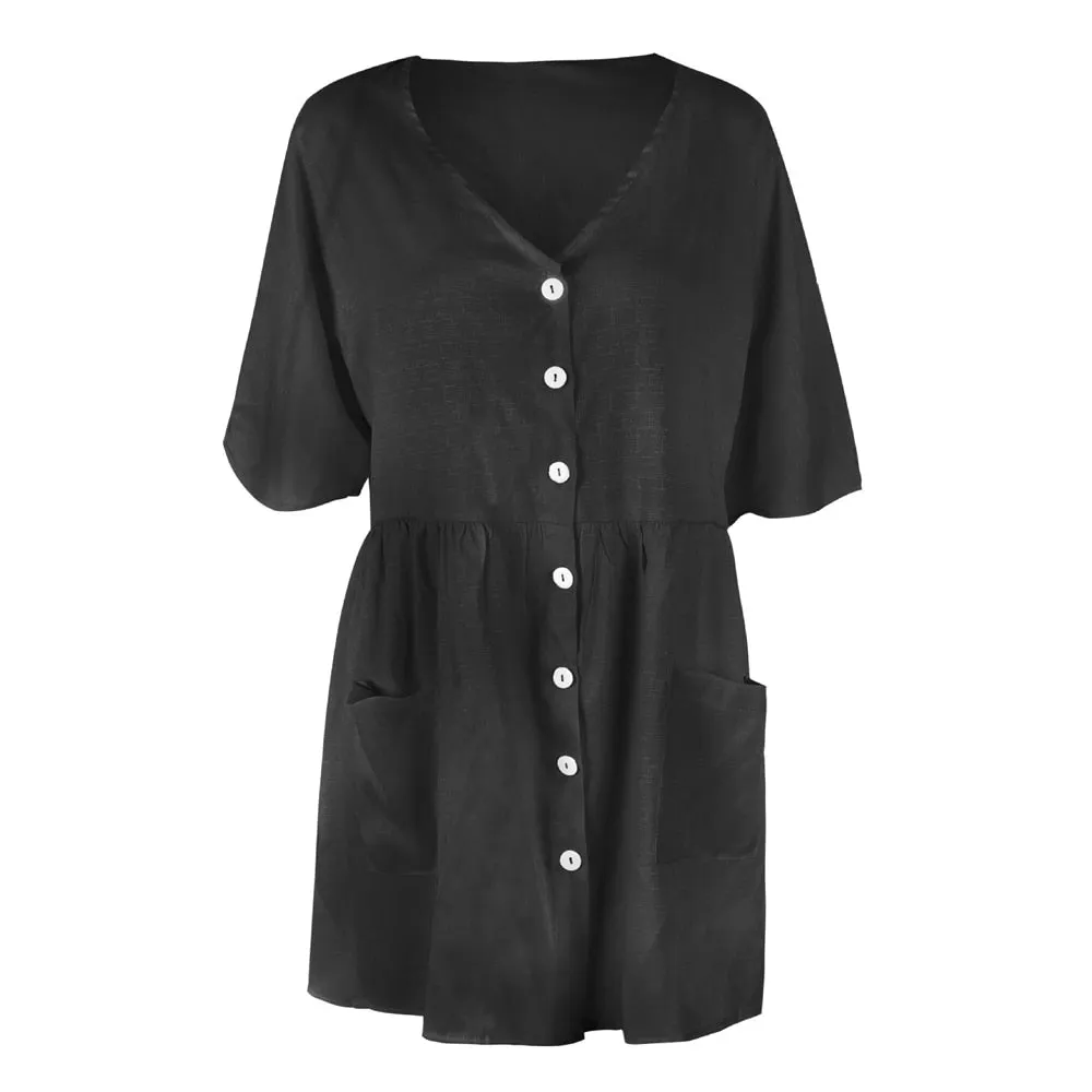 VenusFox Sexy V-neck Buttons Elegant Casual Loose Dresses