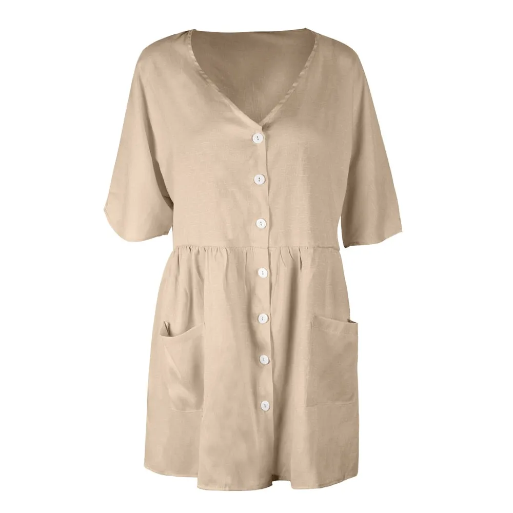 VenusFox Sexy V-neck Buttons Elegant Casual Loose Dresses
