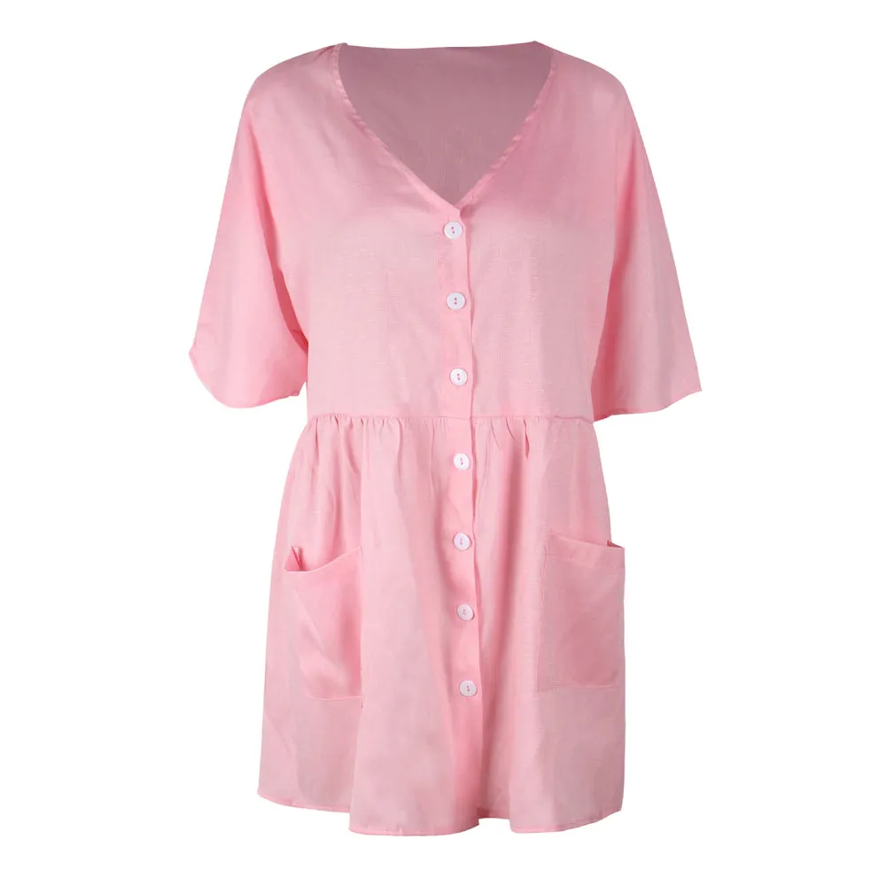 VenusFox Sexy V-neck Buttons Elegant Casual Loose Dresses