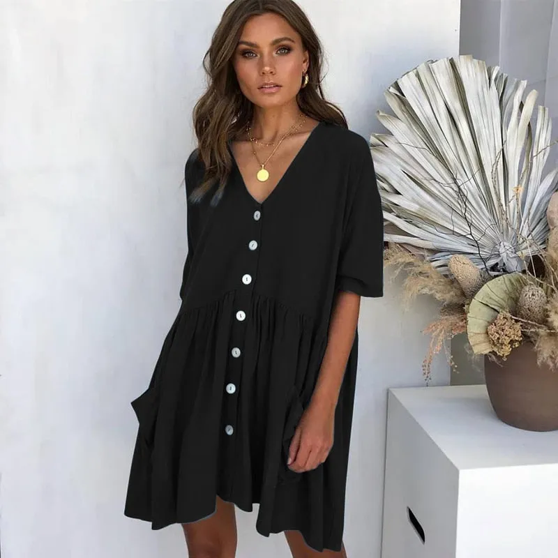 VenusFox Sexy V-neck Buttons Elegant Casual Loose Dresses