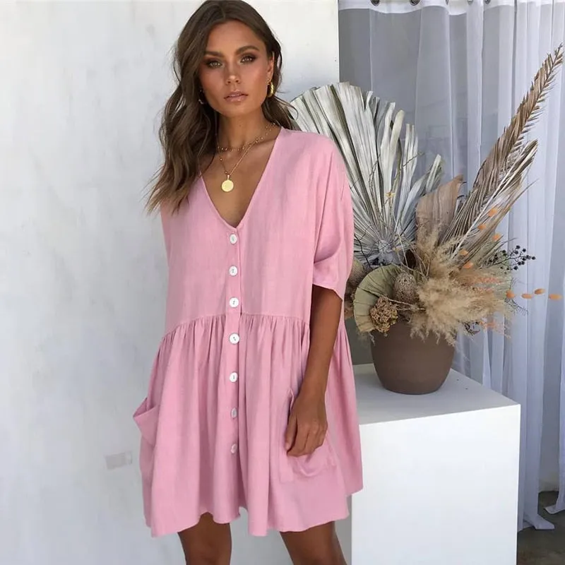 VenusFox Sexy V-neck Buttons Elegant Casual Loose Dresses