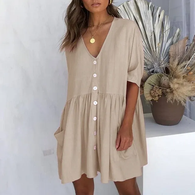 VenusFox Sexy V-neck Buttons Elegant Casual Loose Dresses