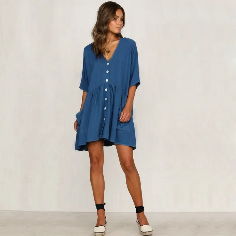 VenusFox Sexy V-neck Buttons Elegant Casual Loose Dresses