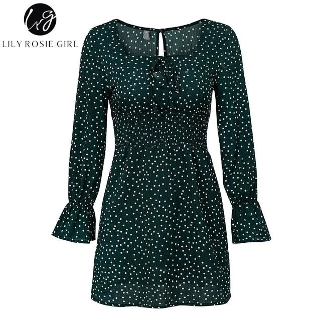 VenusFox Square Collar Casual Dot Short Boho Dress