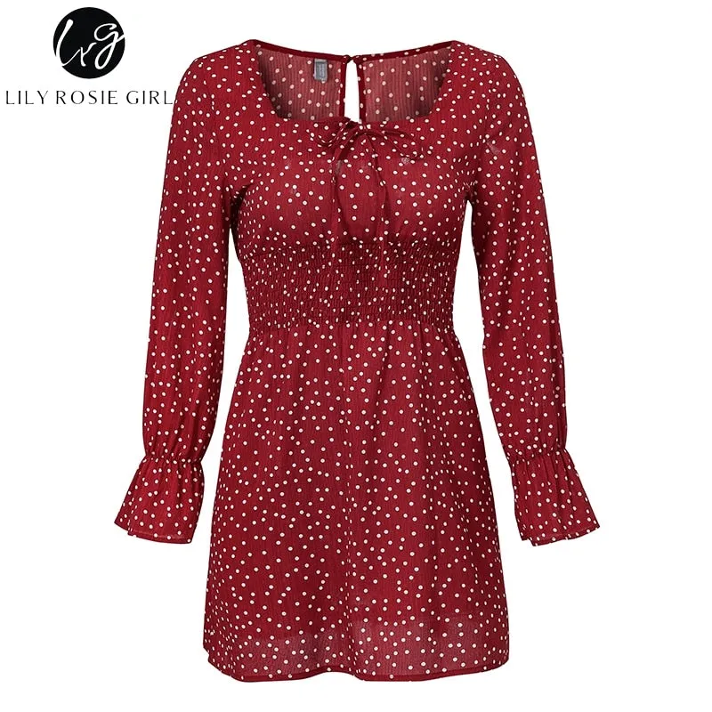 VenusFox Square Collar Casual Dot Short Boho Dress