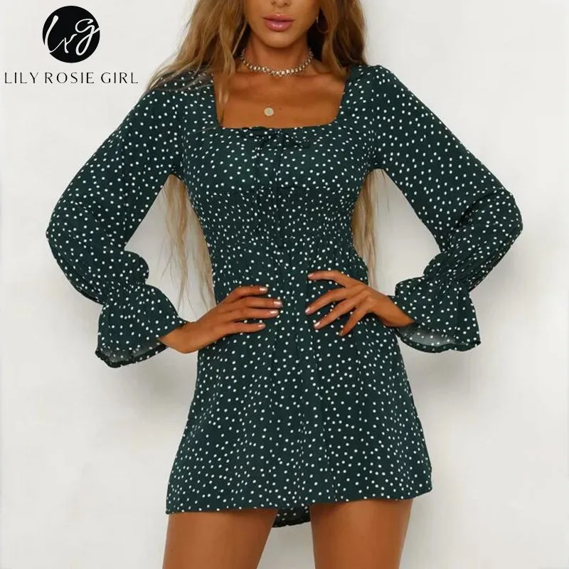 VenusFox Square Collar Casual Dot Short Boho Dress