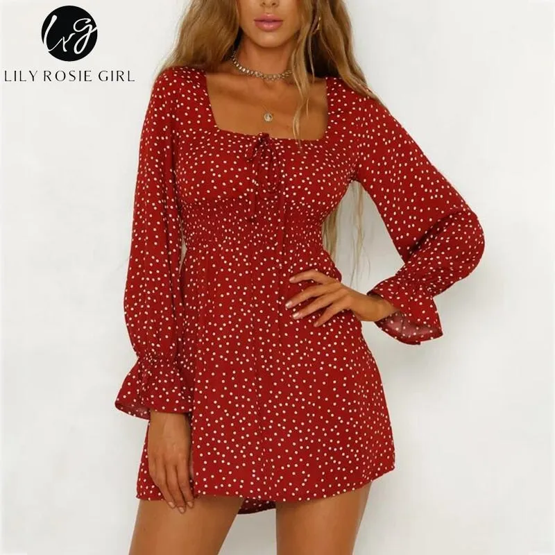 VenusFox Square Collar Casual Dot Short Boho Dress