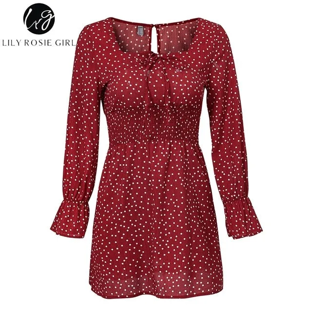 VenusFox Square Collar Casual Dot Short Boho Dress