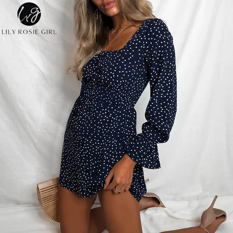 VenusFox Square Collar Casual Dot Short Boho Dress