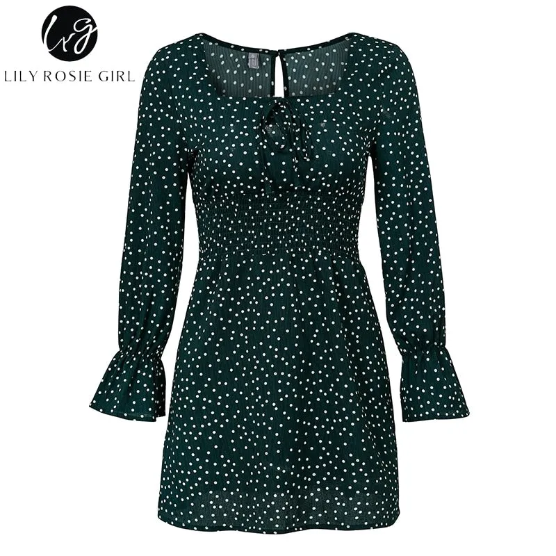 VenusFox Square Collar Casual Dot Short Boho Dress