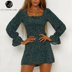 VenusFox Square Collar Casual Dot Short Boho Dress