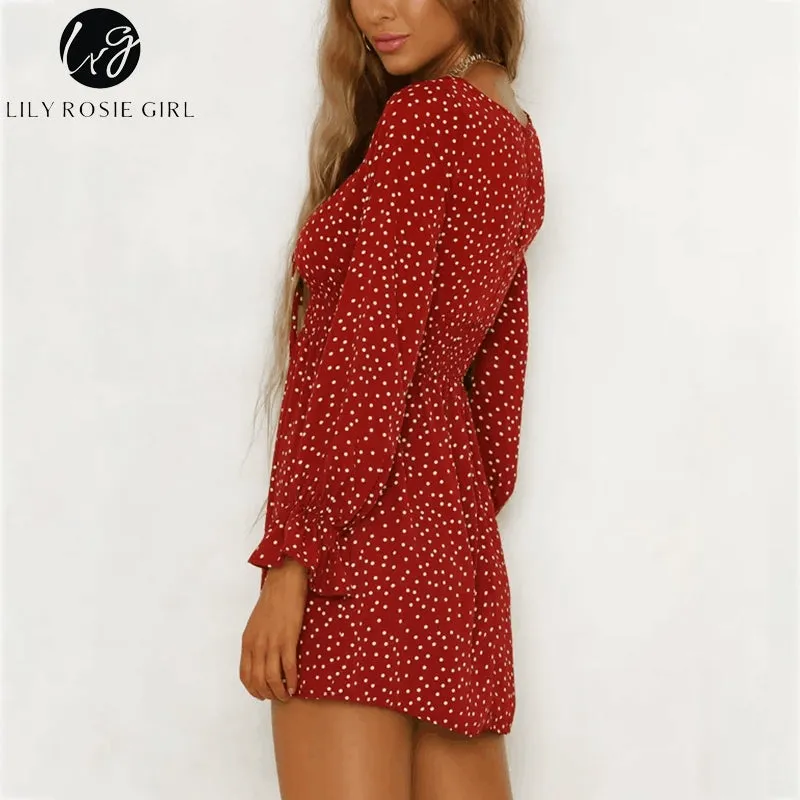 VenusFox Square Collar Casual Dot Short Boho Dress