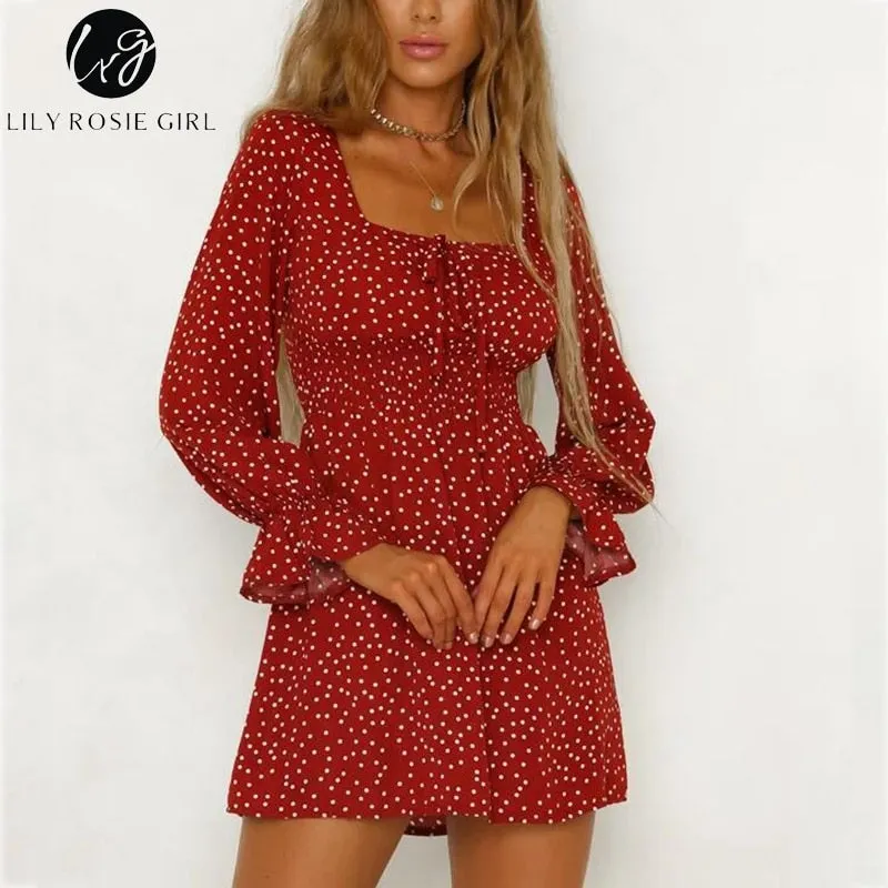VenusFox Square Collar Casual Dot Short Boho Dress